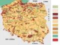 Mapa Polski z zaznaczonymi miastami i regionami o różnym ukształtowaniu terenu. Występują tu gleby, które można zaklasyfikować jako kod odpadu 17 05 04.