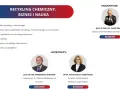 Grafika przedstawia tytuł "Recykling chemiczny. Biznes i nauka", listę tematów oraz zdjęcia moderatora i uczestników dyskusji.