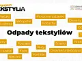 Gdzie wyrzucać ubrania i inne tekstylia? Grafika pokazuje przykłady: plecaki, zużytą odzież, pościele, czapki i szaliki, bieliznę, skarpetki, koce, portfele, pluszowe zabawki, kożuchy, buty, galanterię skórzaną, dywany, obrusy, torebki, ścierki, firany.