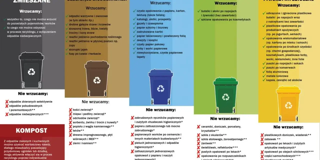Plakat informuje o zasadach segregacji odpadów. Wśród nich znajduje się kod odpadu 15 02 02, który dotyczy odpadów z procesów czyszczenia i opakowań.