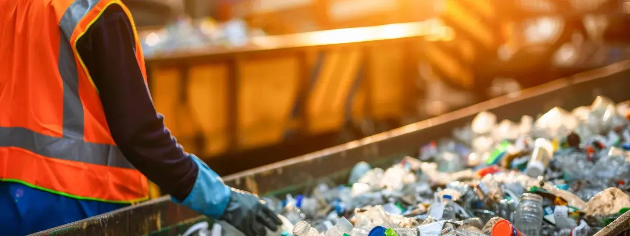 Pracownik w kamizelce odblaskowej sortuje plastikowe butelki na taśmie. Data 191204.