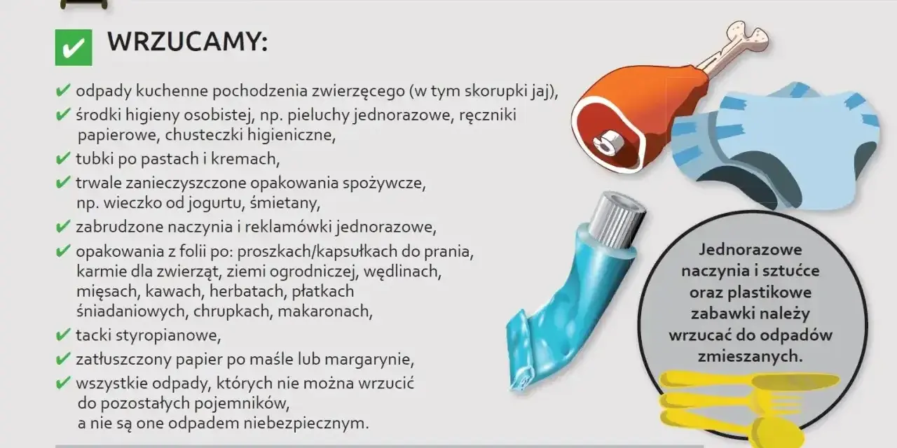 Czarny pojemnik na odpady zmieszane. Wrzucamy: resztki mięsa, zużyte pieluchy, tubki po kremach, zatłuszczony papier.