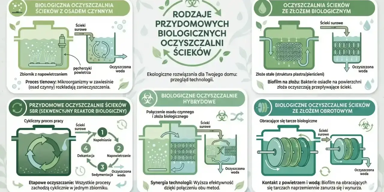 Schemat przedstawia rodzaje przydomowych oczyszczalni ścieków. Jedna z nich to oczyszczalnia ze złożem biologicznym, gdzie bakterie w osadzie czynnym rozkładają zanieczyszczenia.
