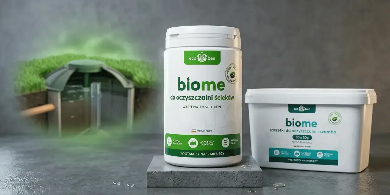 Bakteria do szamba "biome" w opakowaniu i saszetkach, wspierająca działanie oczyszczalni ścieków.