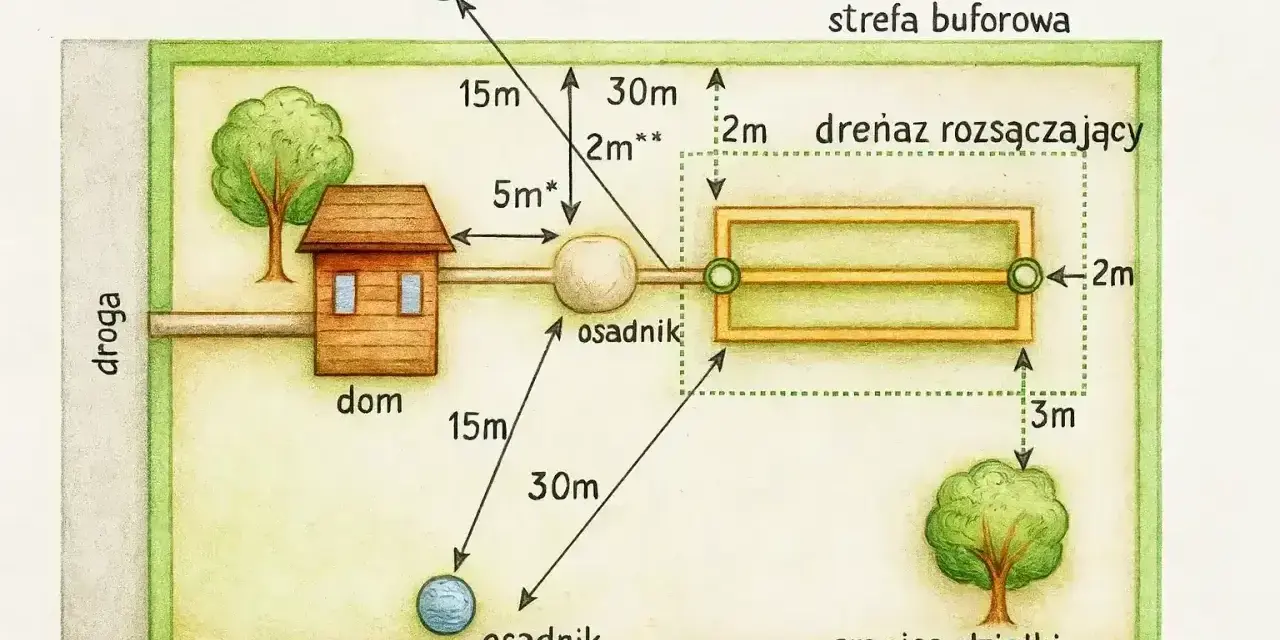 Schemat działki z domem, osadnikiem i drenażem rozsączającym. Pokazuje odległości, np. od studni. Czy szambo ekologiczne trzeba opróżniać? To zależy od typu.