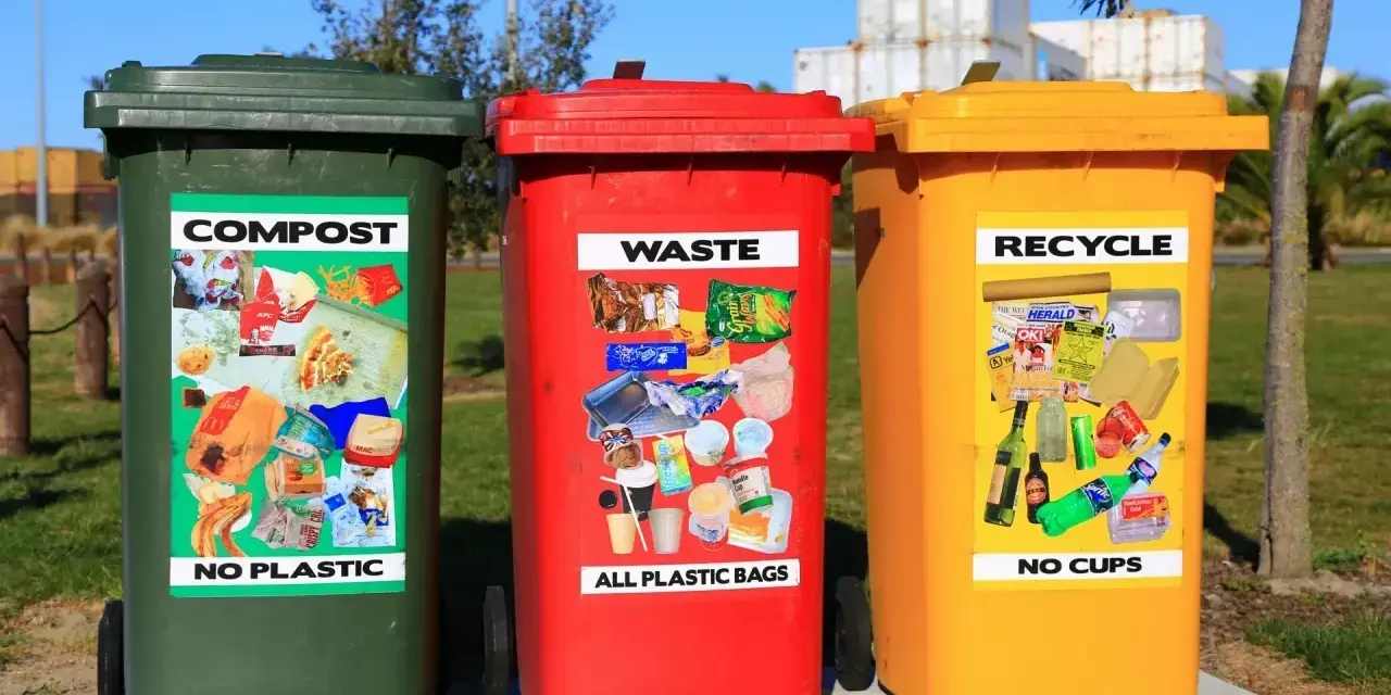 Trzy kosze na śmieci: zielony (kompost), czerwony (odpady) i żółty (recykling), z naklejkami pokazującymi przykłady wyrzucanych rzeczy.
