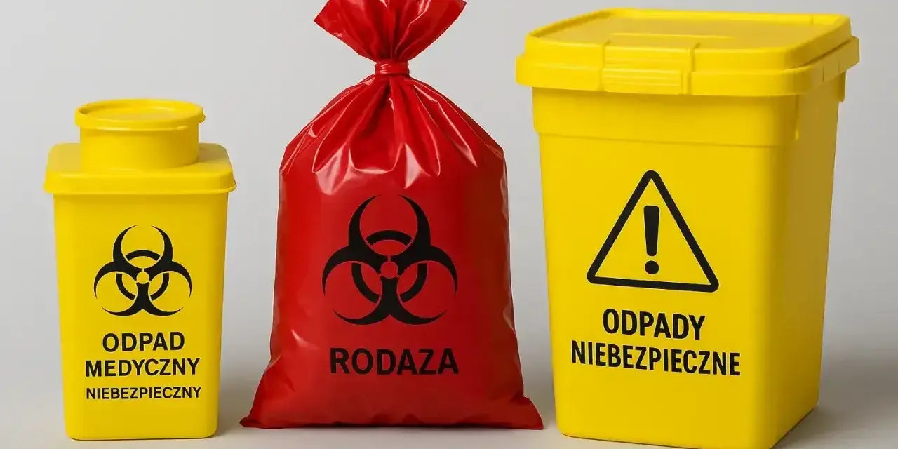Żółte pojemniki i czerwony worek z symbolem biohazardu. Oznaczenia wskazują na kod odpadów medycznych i niebezpiecznych.