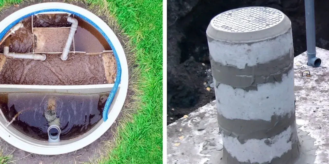 Betonowe szambo z drenażem, widok wnętrza z rurami i zewnętrzna część z włazem.