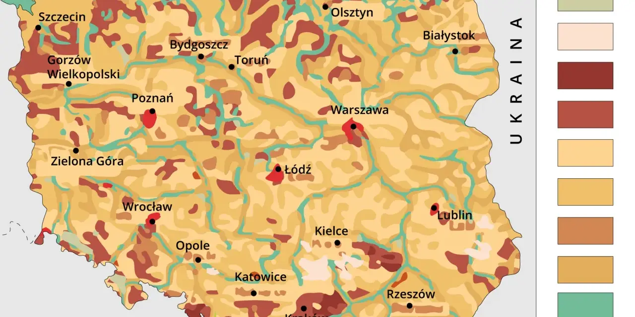 Mapa Polski z zaznaczonymi miastami i regionami o różnym ukształtowaniu terenu. Występują tu gleby, które można zaklasyfikować jako kod odpadu 17 05 04.