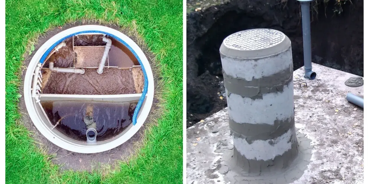 Widok z góry na wnętrze szamba septifos, po prawej betonowy kominek z rurą wentylacyjną.