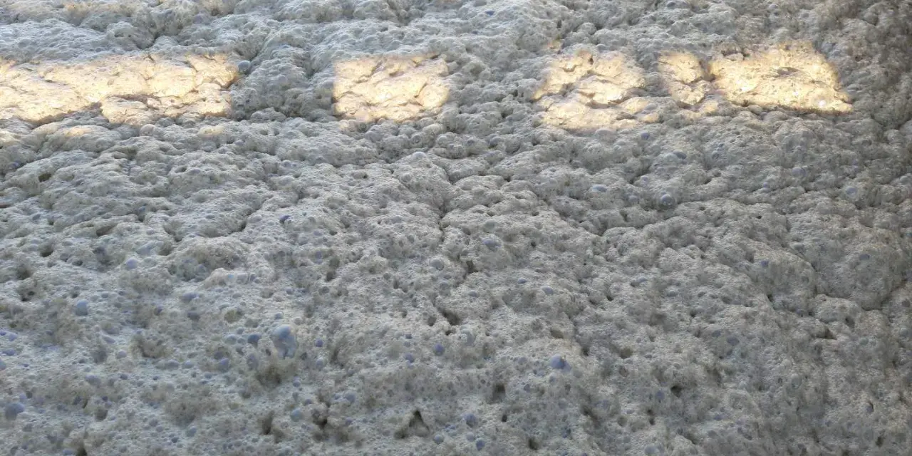 Gęsta piana z bąbelkami, widoczna na powierzchni zbiornika. Może to oznaczać za dużo bakterii w oczyszczalni.