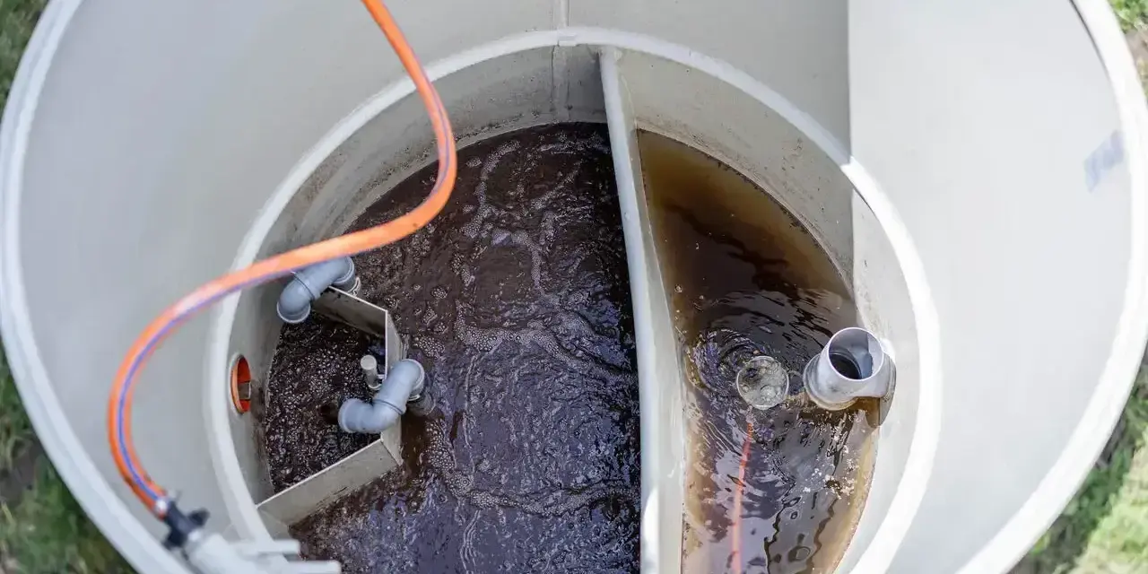 Wnętrze zbiornika biofos z ciemną wodą i rurami.