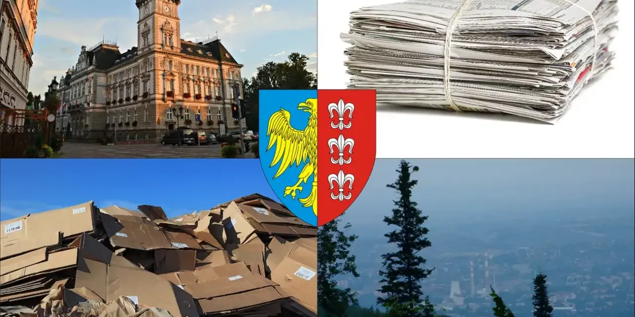 Stos makulatury, stos kartonów, herb miasta i widok na panoramę. Sprawdź, jaka jest aktualna makulatura cena.