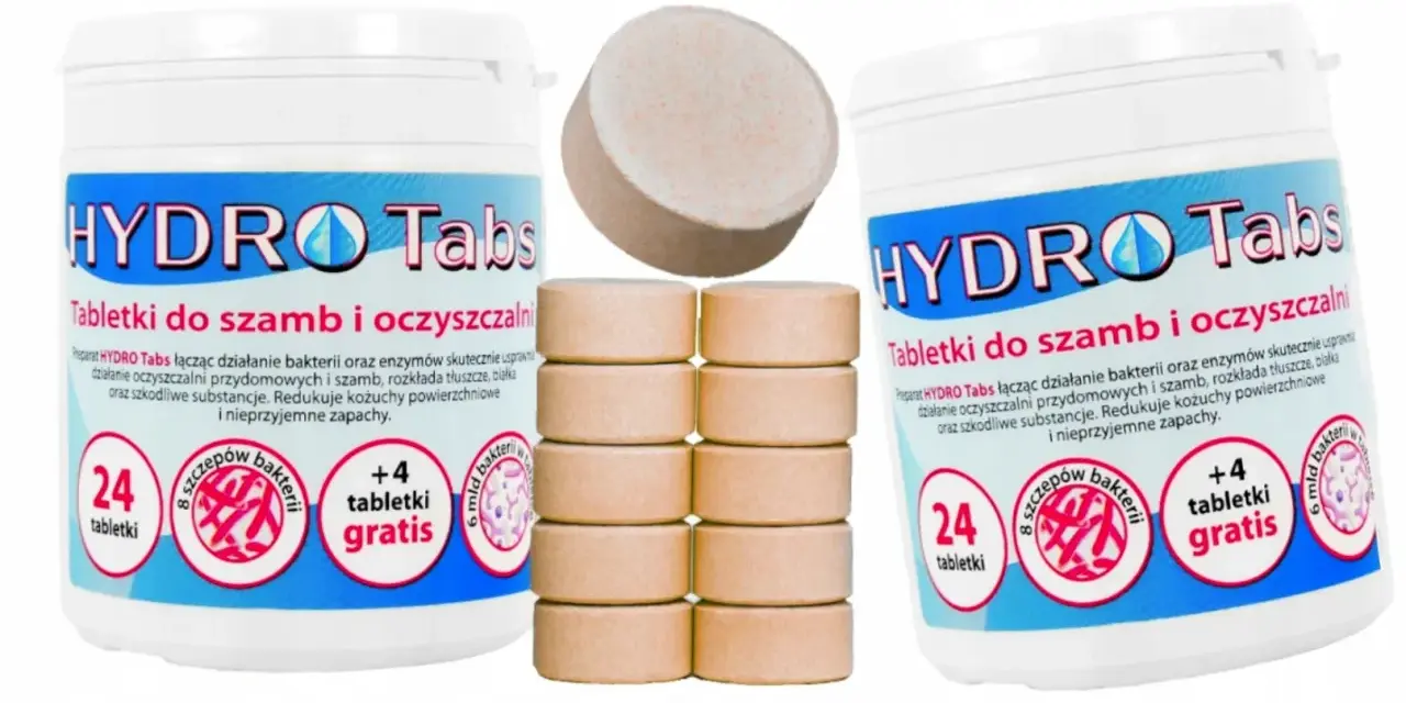 Tabletki HYDRO Tabs to rozwiązanie, co wsypać do szamba żeby nie śmierdziało. Preparat z bakteriami i enzymami usuwa nieprzyjemne zapachy i rozkłada zanieczyszczenia.