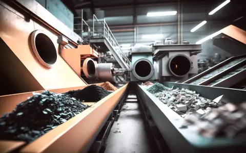 Linia produkcyjna przetwarza surowce, przygotowując je do tworzenia tworzyw chemoutwardzalnych. Widać tam różne rodzaje proszków i fragmentów materiałów.
