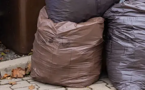 Brązowe i ciemne worki na śmieci, niektóre z napisem "BIO". Czy odpady bio można wyrzucać w workach? Tak, jeśli są to specjalne worki do tego przeznaczone.