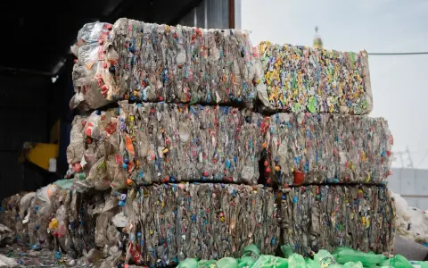Skompresowane kostki plastikowych butelek w sortowni odpadów.