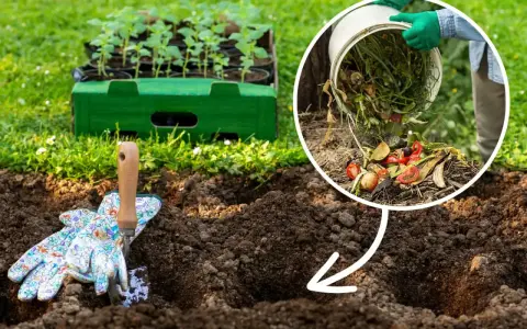 Jak zrobić dobry kompost? Wrzucanie resztek organicznych do ziemi to pierwszy krok. W tle sadzonki czekają na przesadzenie.