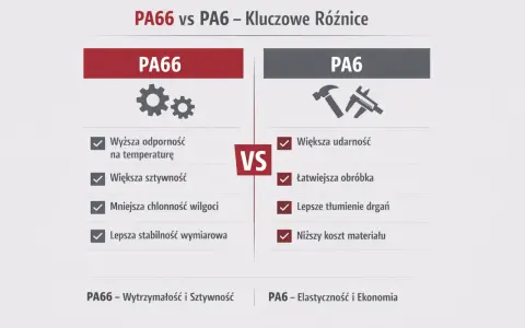 Porównanie PA66 i PA6: grilon PA66 ma wyższą odporność na temperaturę i sztywność, PA6 większą udarność i niższy koszt.