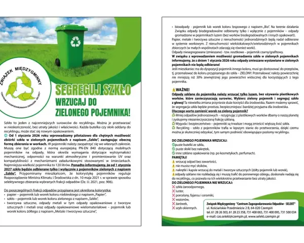 Zielony pojemnik na szkło czeka na puste słoiki z przetworami i inne szklane opakowania. Pamiętaj, by wrzucać je luzem!
