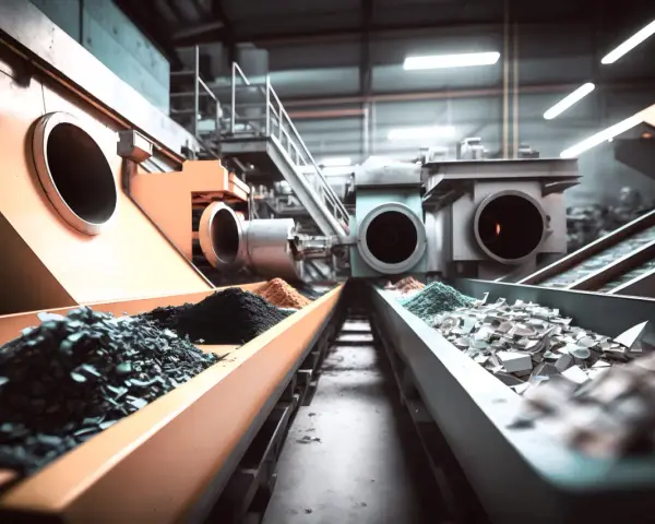 Linia produkcyjna przetwarza surowce, przygotowując je do tworzenia tworzyw chemoutwardzalnych. Widać tam różne rodzaje proszków i fragmentów materiałów.