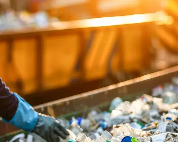 Pracownik w kamizelce odblaskowej sortuje plastikowe butelki na taśmie. Data 191204.