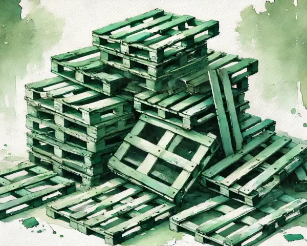 Stos zielonych, drewnianych palet. To materiał, który może być traktowany jako kod odpadu drewno, gotowy do recyklingu lub ponownego wykorzystania.