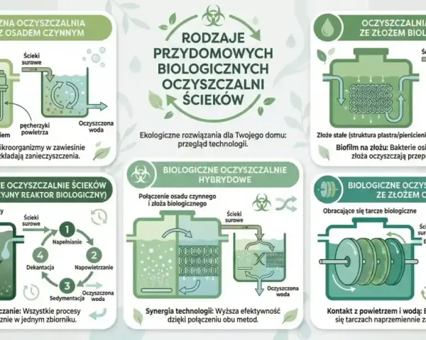 Schemat przedstawia rodzaje przydomowych oczyszczalni ścieków. Jedna z nich to oczyszczalnia ze złożem biologicznym, gdzie bakterie w osadzie czynnym rozkładają zanieczyszczenia.
