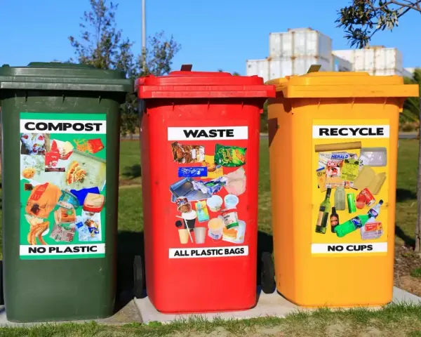 Trzy kosze na śmieci: zielony (kompost), czerwony (odpady) i żółty (recykling), z naklejkami pokazującymi przykłady wyrzucanych rzeczy.