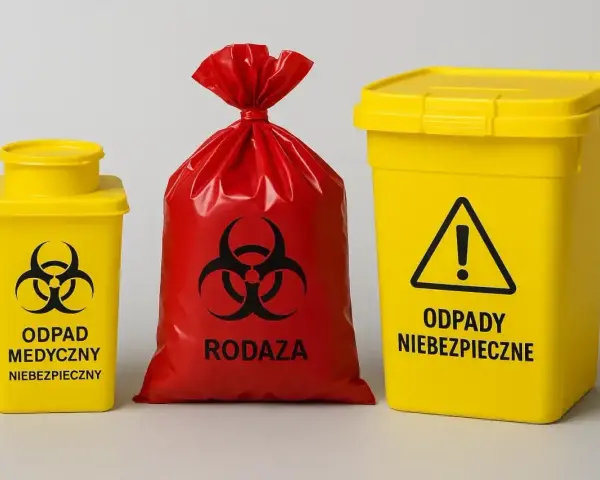 Żółte pojemniki i czerwony worek z symbolem biohazardu. Oznaczenia wskazują na kod odpadów medycznych i niebezpiecznych.