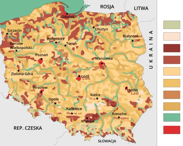 Mapa Polski z zaznaczonymi miastami i regionami o różnym ukształtowaniu terenu. Występują tu gleby, które można zaklasyfikować jako kod odpadu 17 05 04.