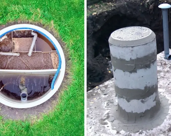 Widok z góry na wnętrze szamba septifos, po prawej betonowy kominek z rurą wentylacyjną.