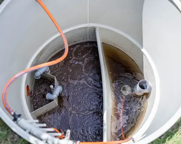 Wnętrze zbiornika biofos z ciemną wodą i rurami.