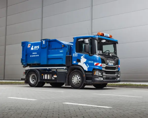 Niebieska śmieciarka Scania z napisem "ODPADY" i logo BYS. Pojazd gotowy do odbioru gruzu, z kodem odpadu na tablicy.