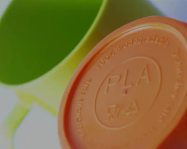 Pomarańczowa pokrywka z napisem PLA, 100% biodegradowalna, obok zielonego kubka.