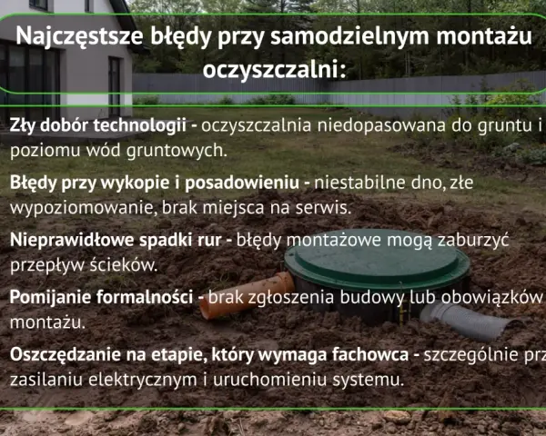 Błędy przy montażu przydomowej oczyszczalni ścieków z drenażem rozsączającym: zły dobór technologii, błędy wykopu, nieprawidłowe spadki rur, pomijanie formalności, oszczędzanie na fachowcu.