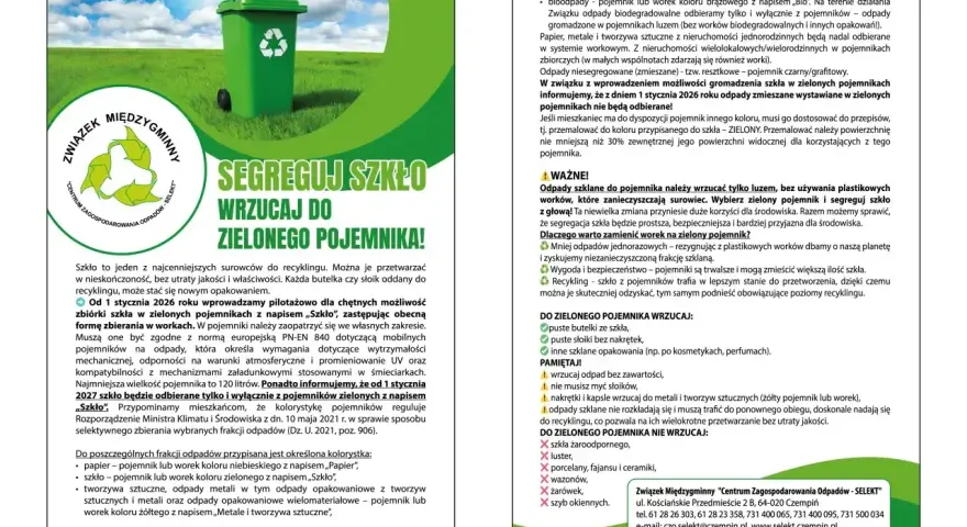 Zielony pojemnik na szkło czeka na puste słoiki z przetworami i inne szklane opakowania. Pamiętaj, by wrzucać je luzem!