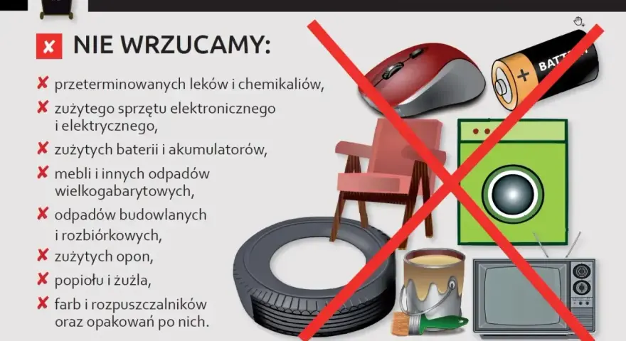 Nie wrzucaj do czarnych worków na śmieci leków, baterii, mebli, opon, farb ani elektrośmieci.