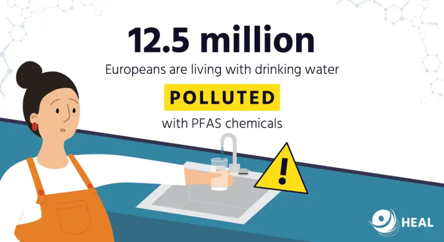 12,5 mln Europejczyków pije wodę zanieczyszczoną chemikaliami PFAS. Znak ostrzegawczy przy kranie symbolizuje zagrożenie.