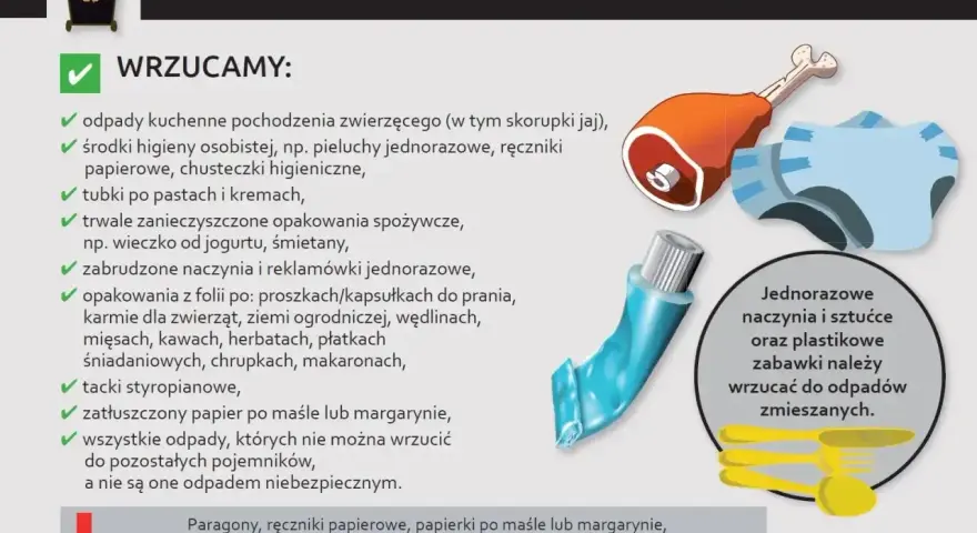 Czarny pojemnik na odpady zmieszane. Wrzucamy: resztki mięsa, zużyte pieluchy, tubki po kremach, zatłuszczony papier.