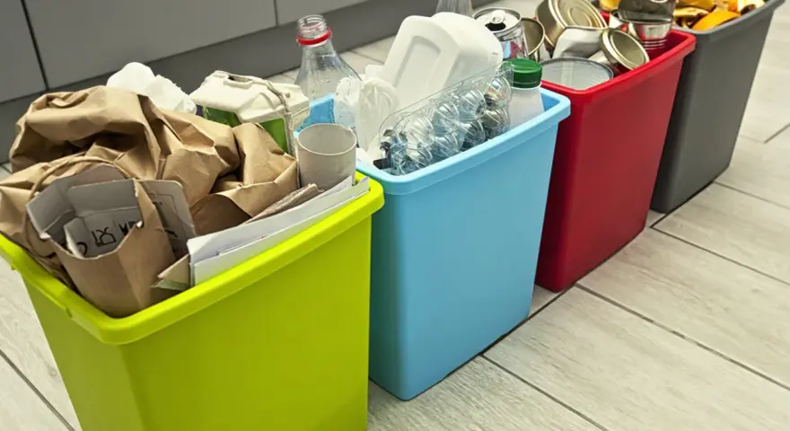 Cztery kolorowe kosze na śmieci z posegregowanymi odpadami: papier, plastik, metal i bio.