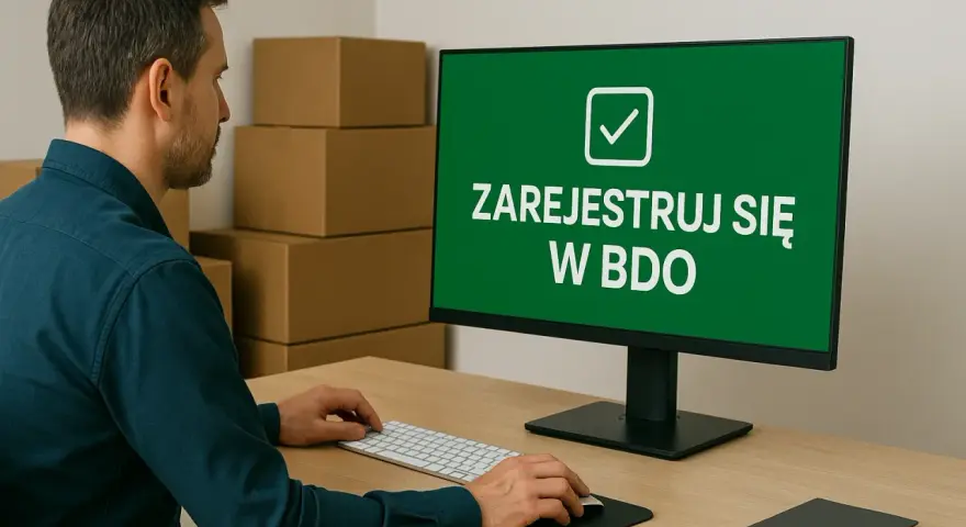 Mężczyzna przy biurku rejestruje jednoosobową działalność gospodarczą a śmieci w systemie BDO.