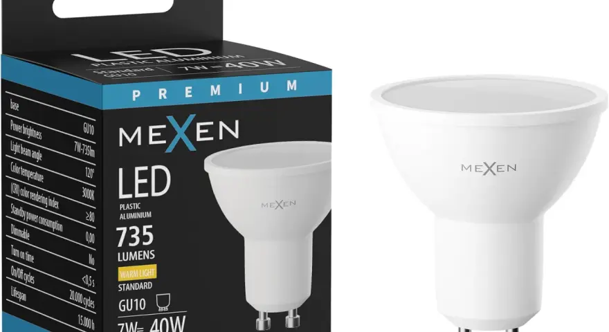 Żarówka LED MEXEN GU10, 7W, 735 lumenów, ciepłe światło. Noryl w obudowie zapewnia trwałość.
