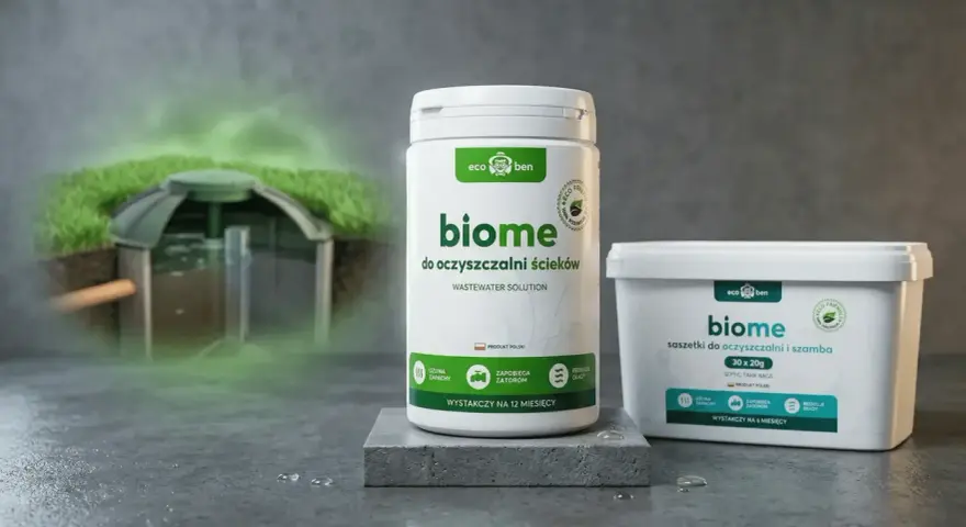 Bakteria do szamba "biome" w opakowaniu i saszetkach, wspierająca działanie oczyszczalni ścieków.