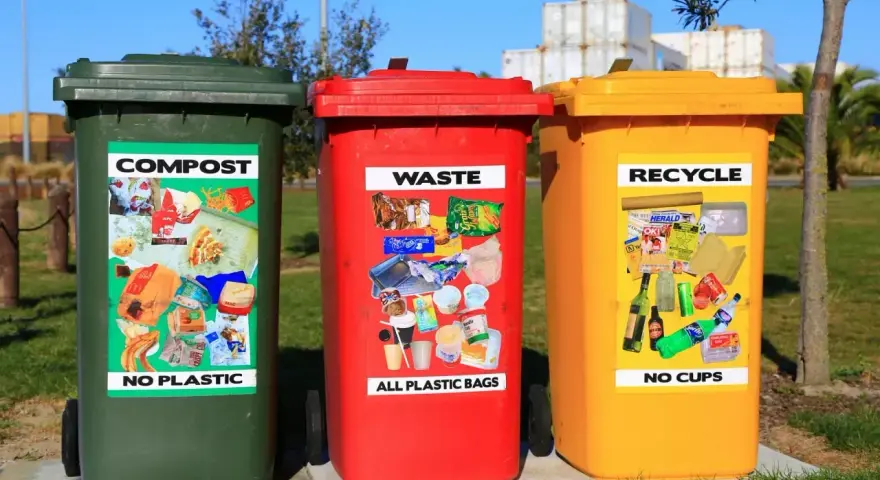 Trzy kosze na śmieci: zielony (kompost), czerwony (odpady) i żółty (recykling), z naklejkami pokazującymi przykłady wyrzucanych rzeczy.