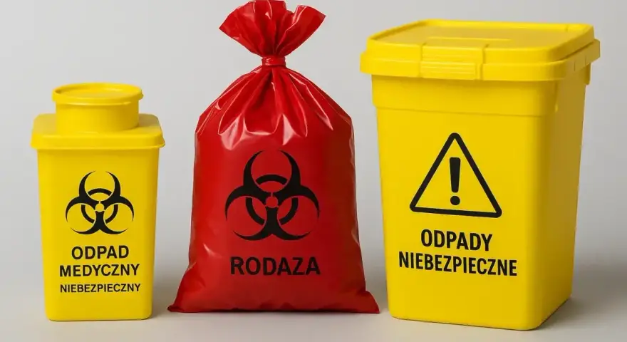 Żółte pojemniki i czerwony worek z symbolem biohazardu. Oznaczenia wskazują na kod odpadów medycznych i niebezpiecznych.