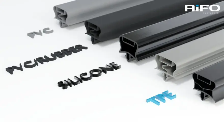Próbki profili z różnych materiałów: PVC, PVC/RUBBER, SILICONE i TPE.