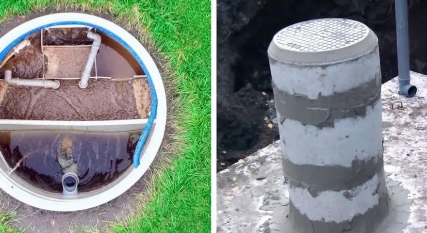 Betonowe szambo z drenażem, widok wnętrza z rurami i zewnętrzna część z włazem.