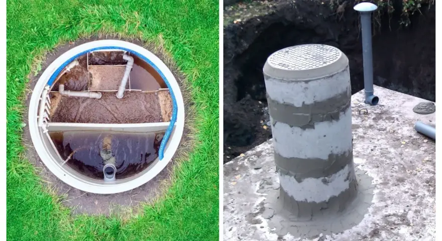 Widok z góry na wnętrze szamba septifos, po prawej betonowy kominek z rurą wentylacyjną.