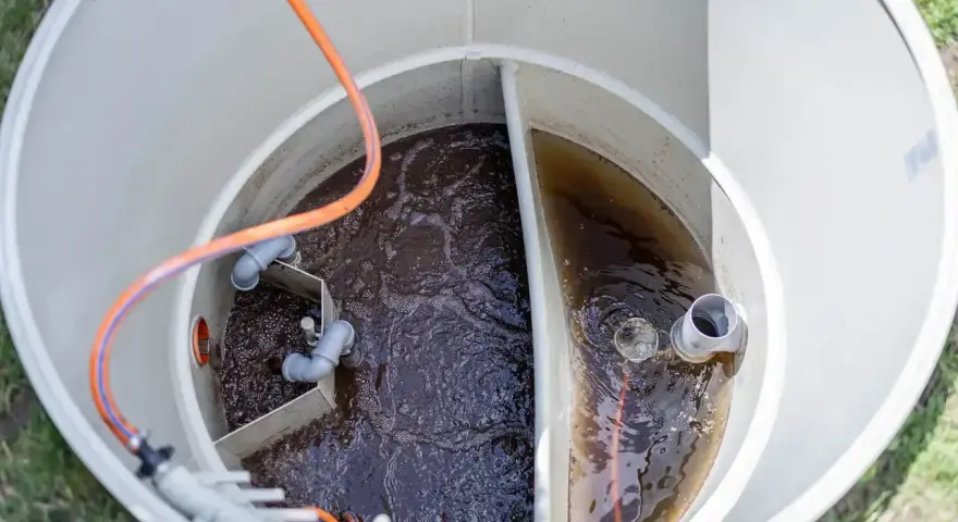 Wnętrze zbiornika biofos z ciemną wodą i rurami.